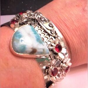 Larimar Garnet Stamped 925 Sterling Silver Cuff Bracelet